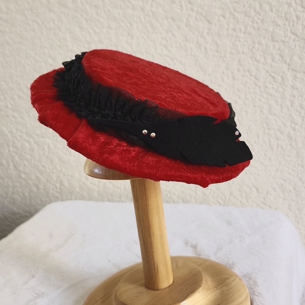 Handmade Red Velvet Cocktail Hat.